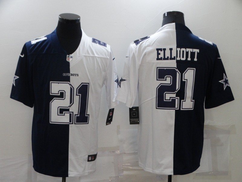 2021 Men Dallas cowboys #21 Elliott Blue white Half version Nike NFL Jerseys